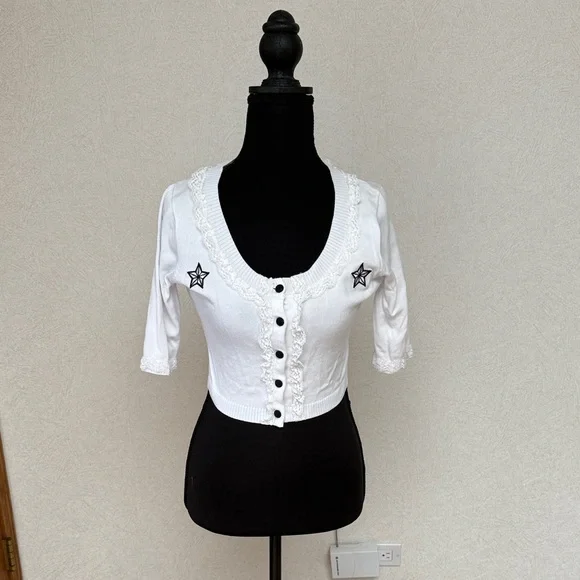 SWEATER WEATHER! Sourpuss Crop Cardigan with Star Embroidery and Anchor Design - Picture 1 of 3
